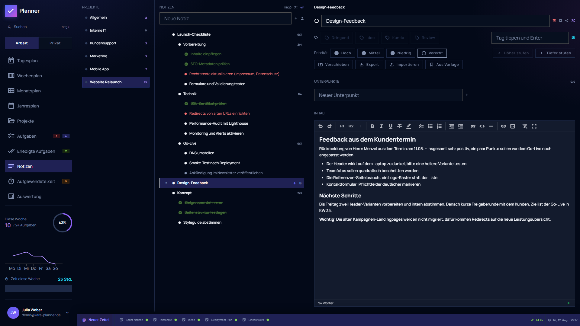 Notizen mit Baumstruktur, Prioritäten und Rich-Text-Editor